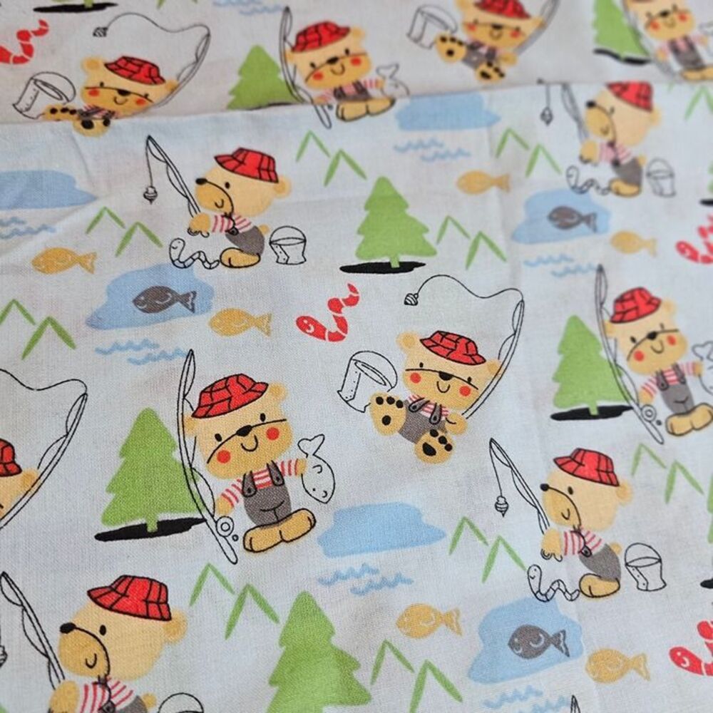 Cotton Fabric Fisherman Bear Camping Print – Blue Green Trees Fish Worms – 37" x